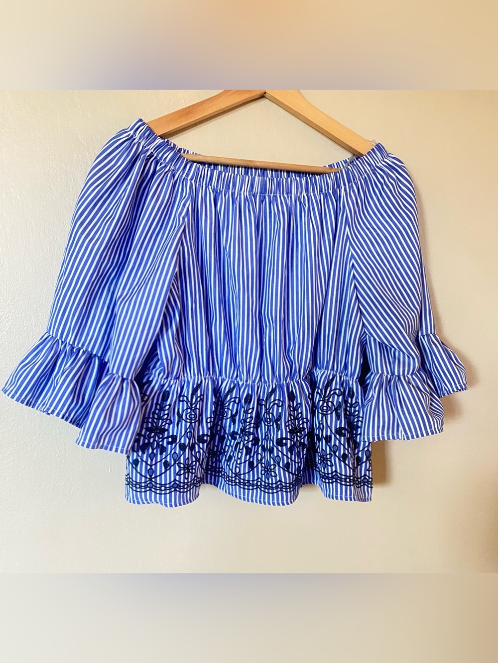 Rebellion Blue and White Striped Off-Shoulder Top with Black Embroidery